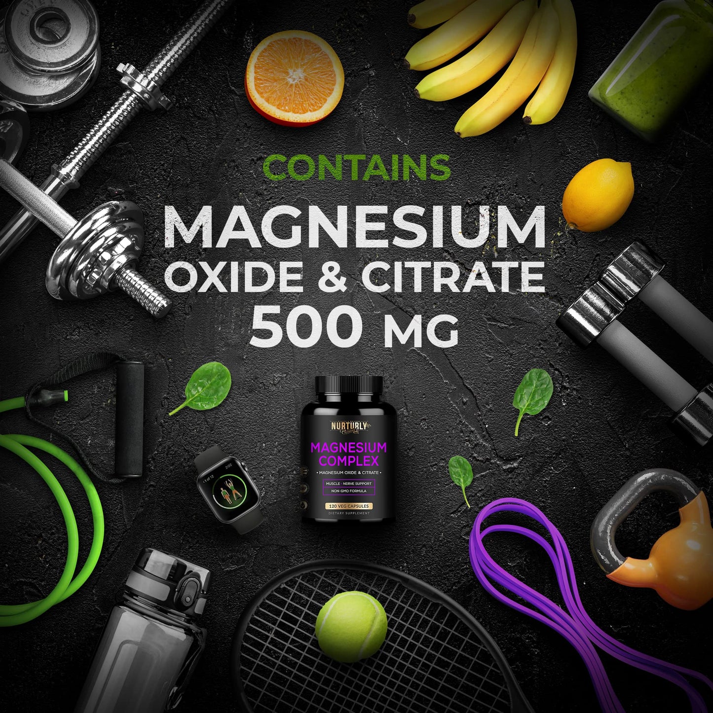 NURTURLY Magnesium Citrate & Oxide 500mg Complex – High Absorption, 360 Vegan Capsules