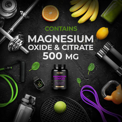 NURTURLY Magnesium Citrate & Oxide 500mg Complex – High Absorption, 360 Vegan Capsules