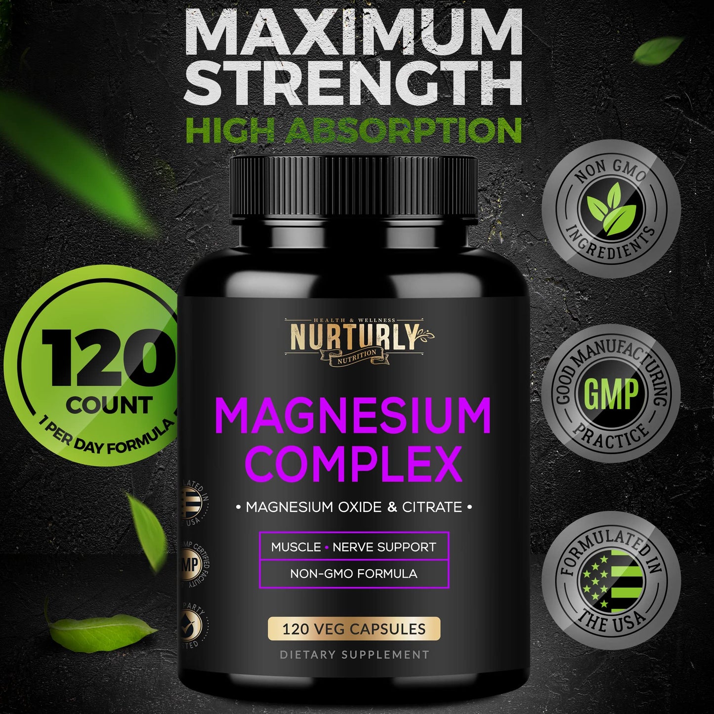 NURTURLY Magnesium Citrate & Oxide 500mg Complex – High Absorption, 360 Vegan Capsules