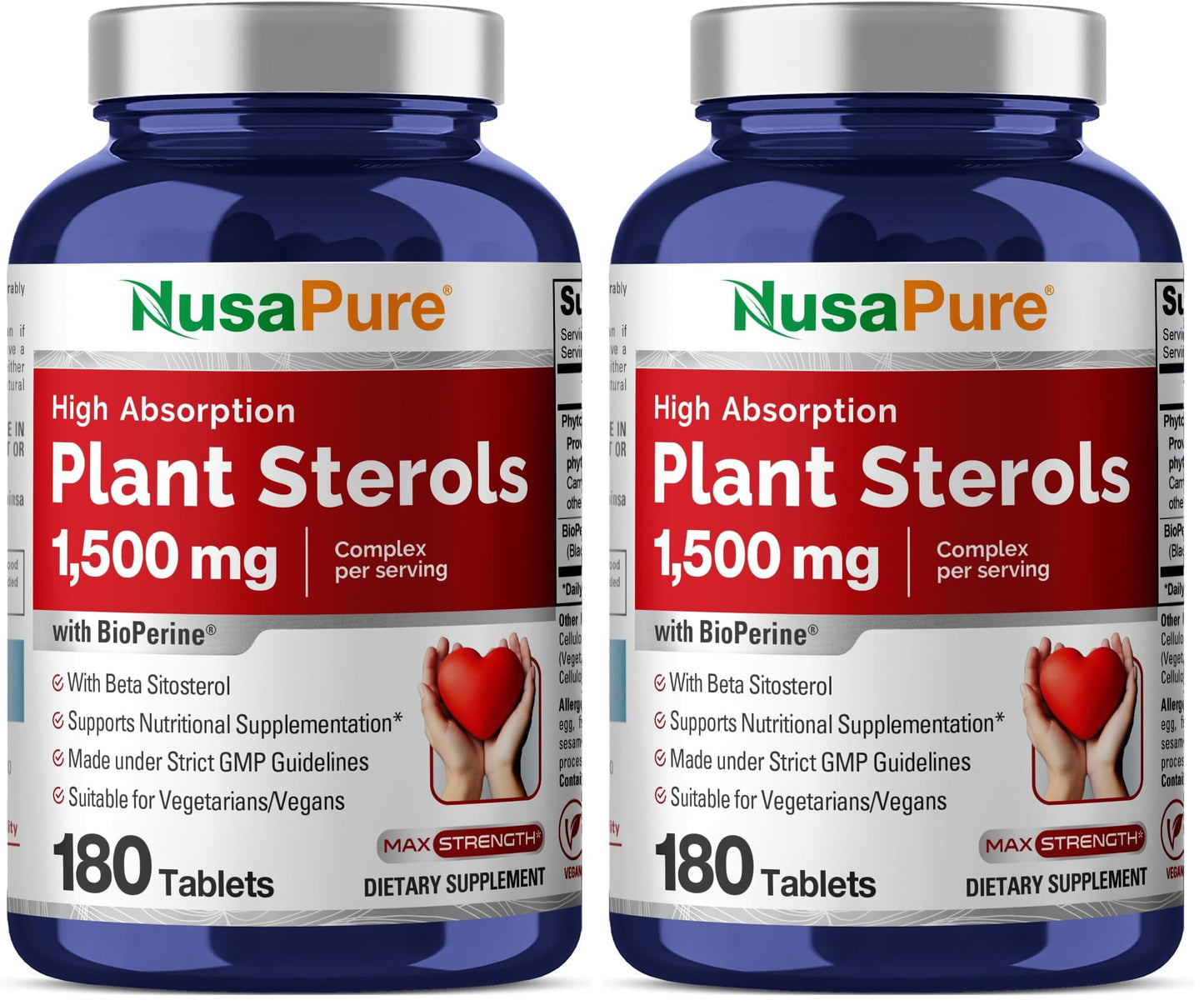 NusaPure Plant Sterols 1500 mg - 180 Vegan Tablets | Non-GMO, Beta Sitosterol + Bioperine (Pack of 2)