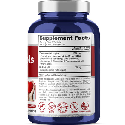 NusaPure Plant Sterols 1500 mg - 180 Vegan Tablets | Non-GMO, Beta Sitosterol + Bioperine (Pack of 2)