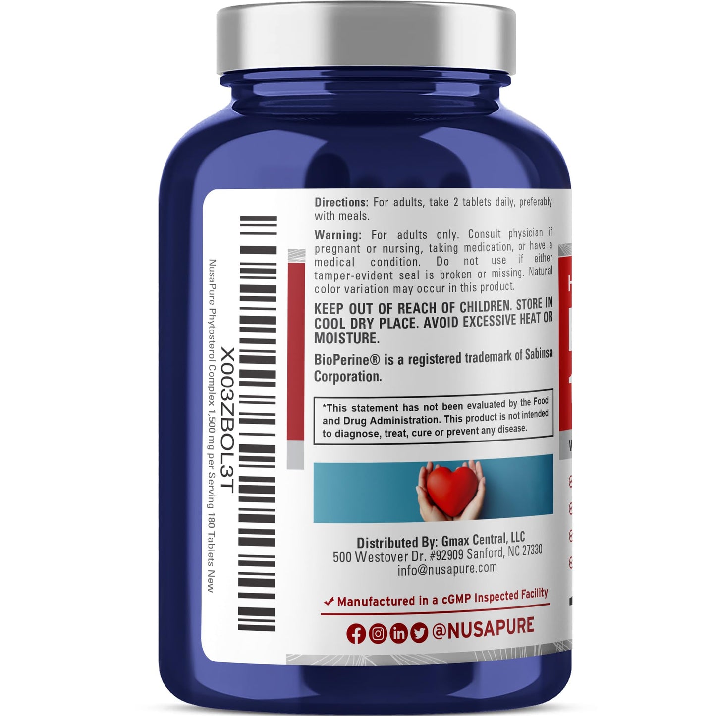 NusaPure Plant Sterols 1500 mg - 180 Vegan Tablets | Non-GMO, Beta Sitosterol + Bioperine (Pack of 2)