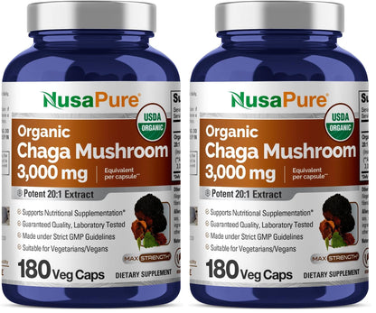 NusaPure Chaga 20:1 Extract – 150 mg (3000 mg) per Capsule, 180 Count, USDA Organic, Vegan, Non-GMO, Pack of 2