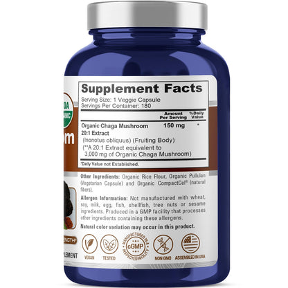 NusaPure Chaga 20:1 Extract – 150 mg (3000 mg) per Capsule, 180 Count, USDA Organic, Vegan, Non-GMO, Pack of 2