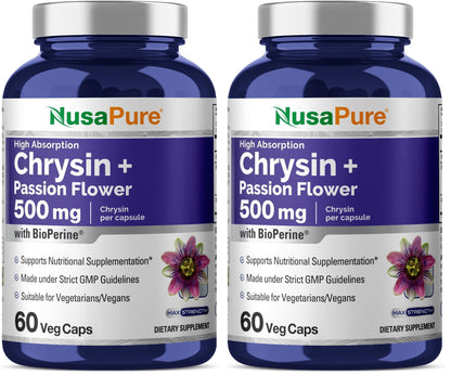NusaPure Chrysin 500mg – 60 Veggie Capsules | Passion Flower Complex | Non-GMO + Bioperine | Pack of 2