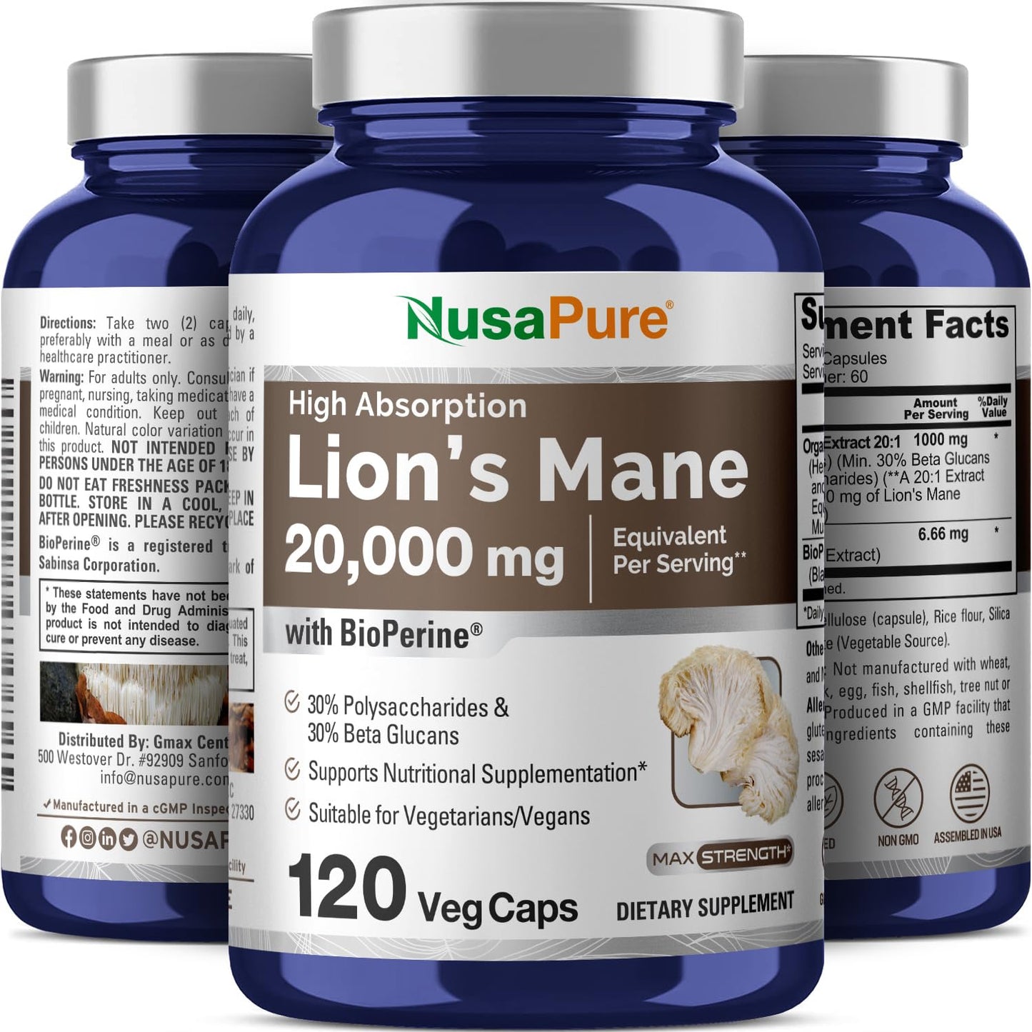 NusaPure Lion's Mane 20:1 Extract - 120 Veggie Caps | Organic, Gluten Free