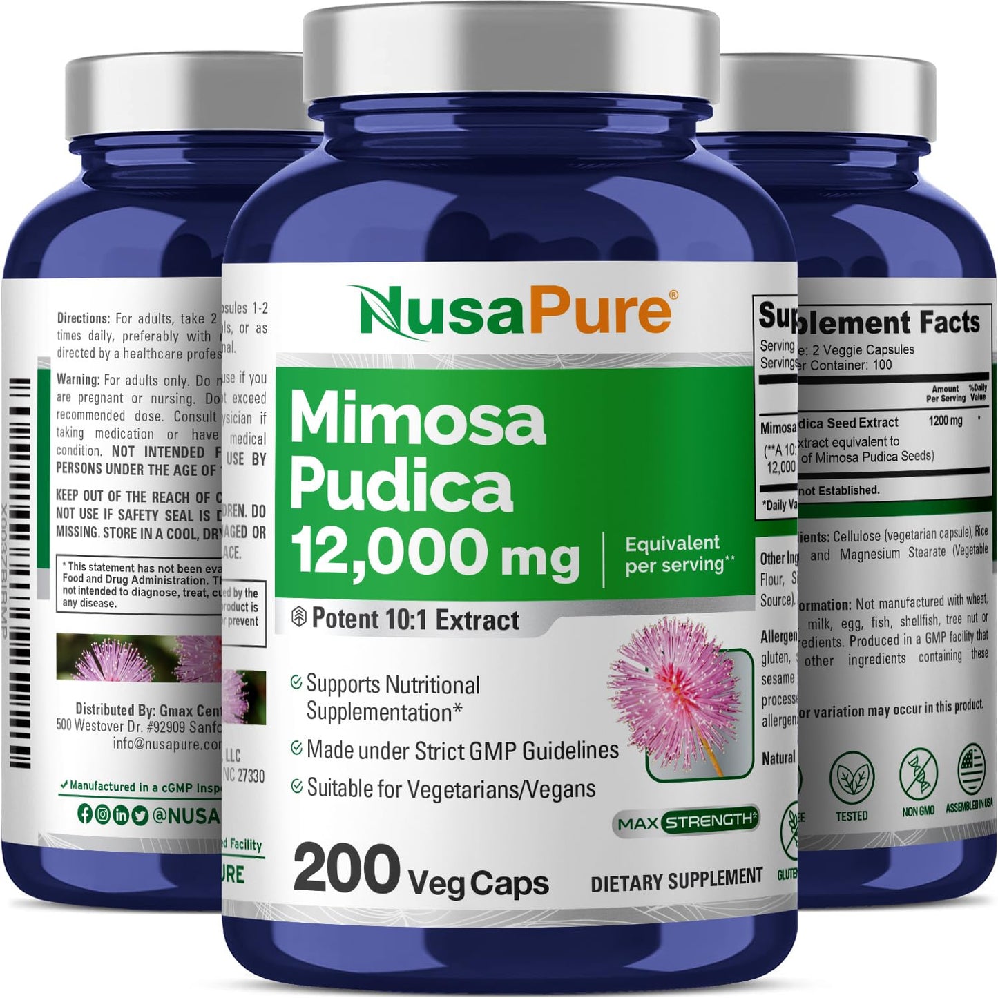 NusaPure Mimosa Pudica Seed 12,000 mg - 200 Vegan Capsules (10:1 Extract, Non-GMO, Gluten Free) - Pack of 2