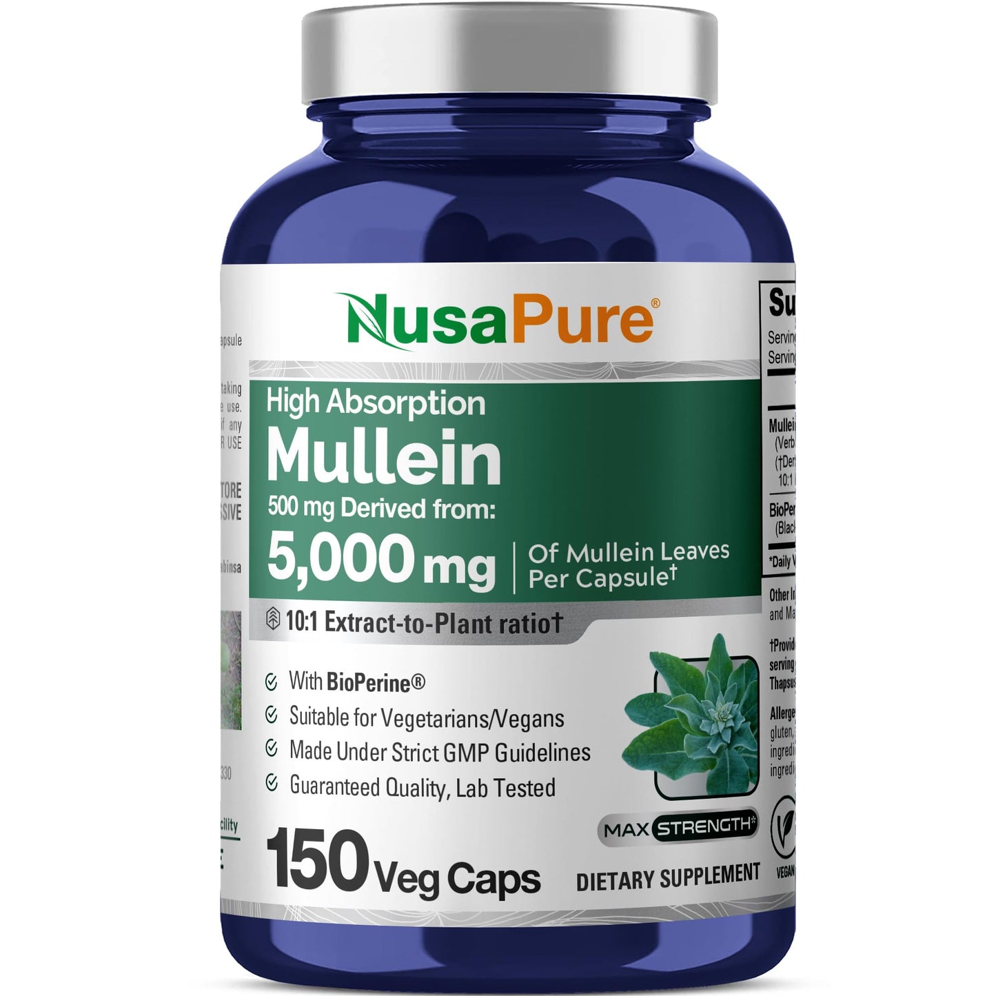 NusaPure Mullein Leaf Capsules 10:1 Extract - 150 Count | 500 mg per Capsule | Vegan, Non-GMO