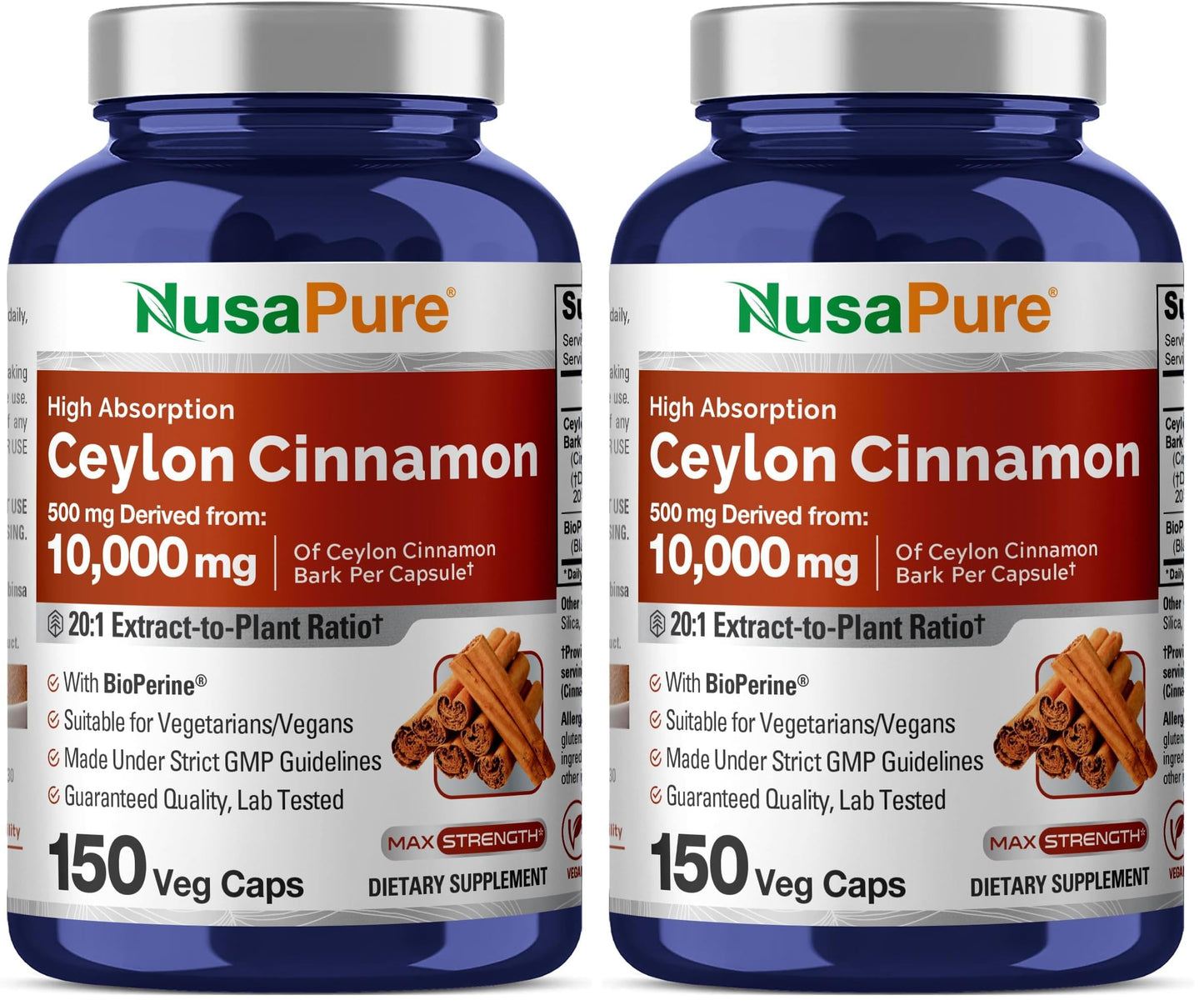 NusaPure Ceylon Cinnamon 20:1 Extract — 500 mg per Capsule | 150 Veggie Caps | Pack of 2