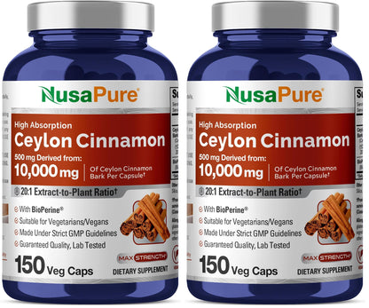 NusaPure Ceylon Cinnamon 20:1 Extract — 500 mg per Capsule | 150 Veggie Caps | Pack of 2