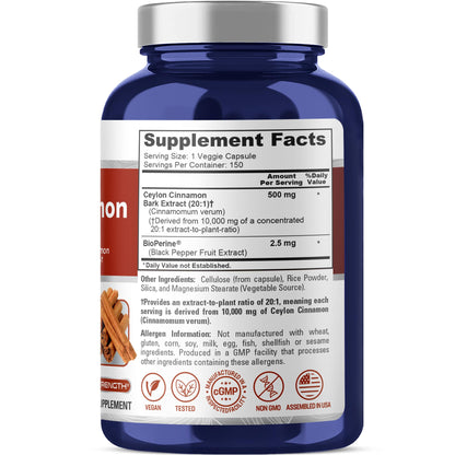 NusaPure Ceylon Cinnamon 20:1 Extract — 500 mg per Capsule | 150 Veggie Caps | Pack of 2