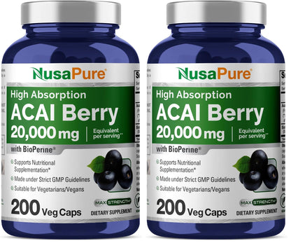 NusaPure Acai Berry Capsules 20000mg - 200 Veggie Caps, Non-GMO, 50:1 Extract + Bioperine (Pack of 2)