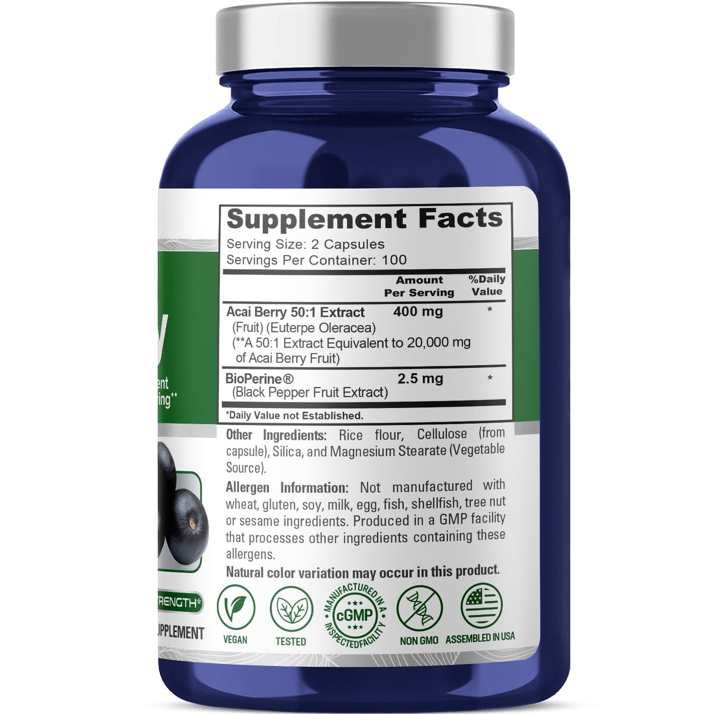 NusaPure Acai Berry Capsules 20000mg - 200 Veggie Caps, Non-GMO, 50:1 Extract + Bioperine (Pack of 2)