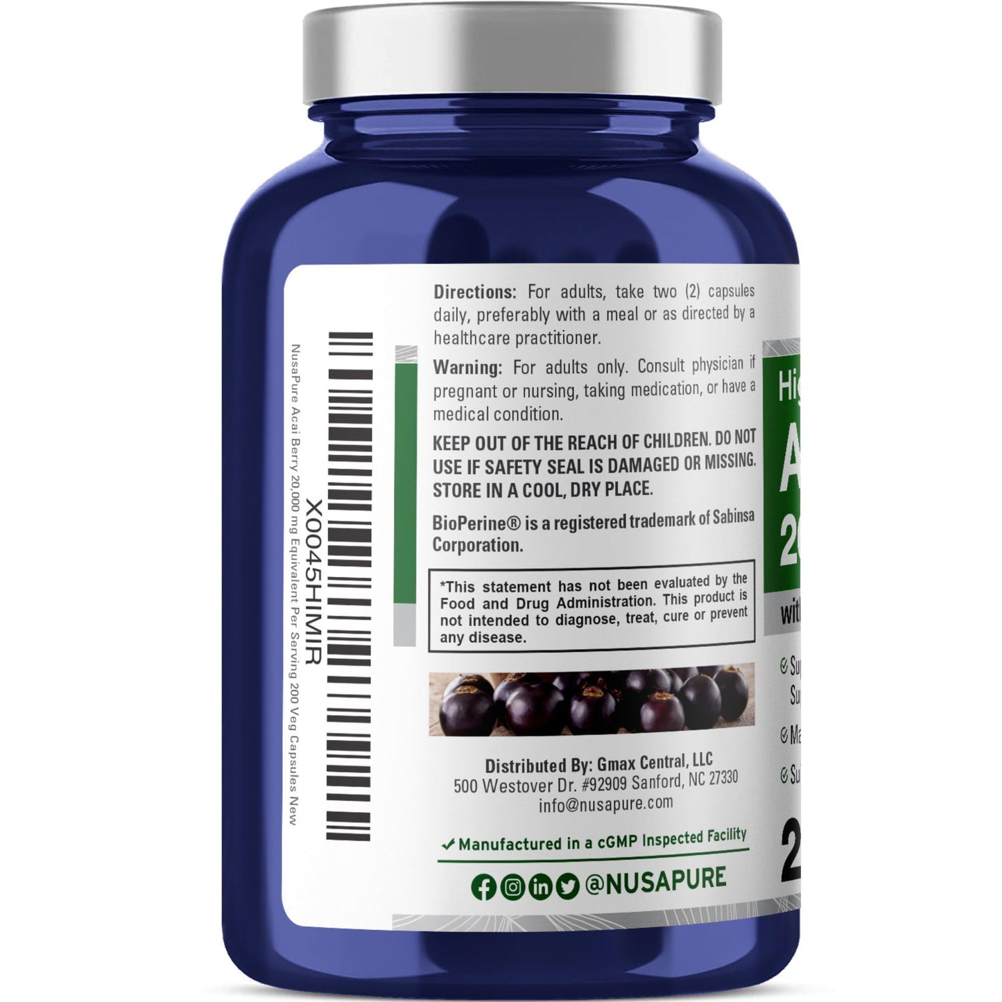 NusaPure Acai Berry Capsules 20000mg - 200 Veggie Caps, Non-GMO, 50:1 Extract + Bioperine (Pack of 2)