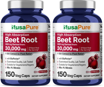 NusaPure Beet Root 30:1 Extract – 1000 mg per Serving, 150 Veggie Caps, Bioperine