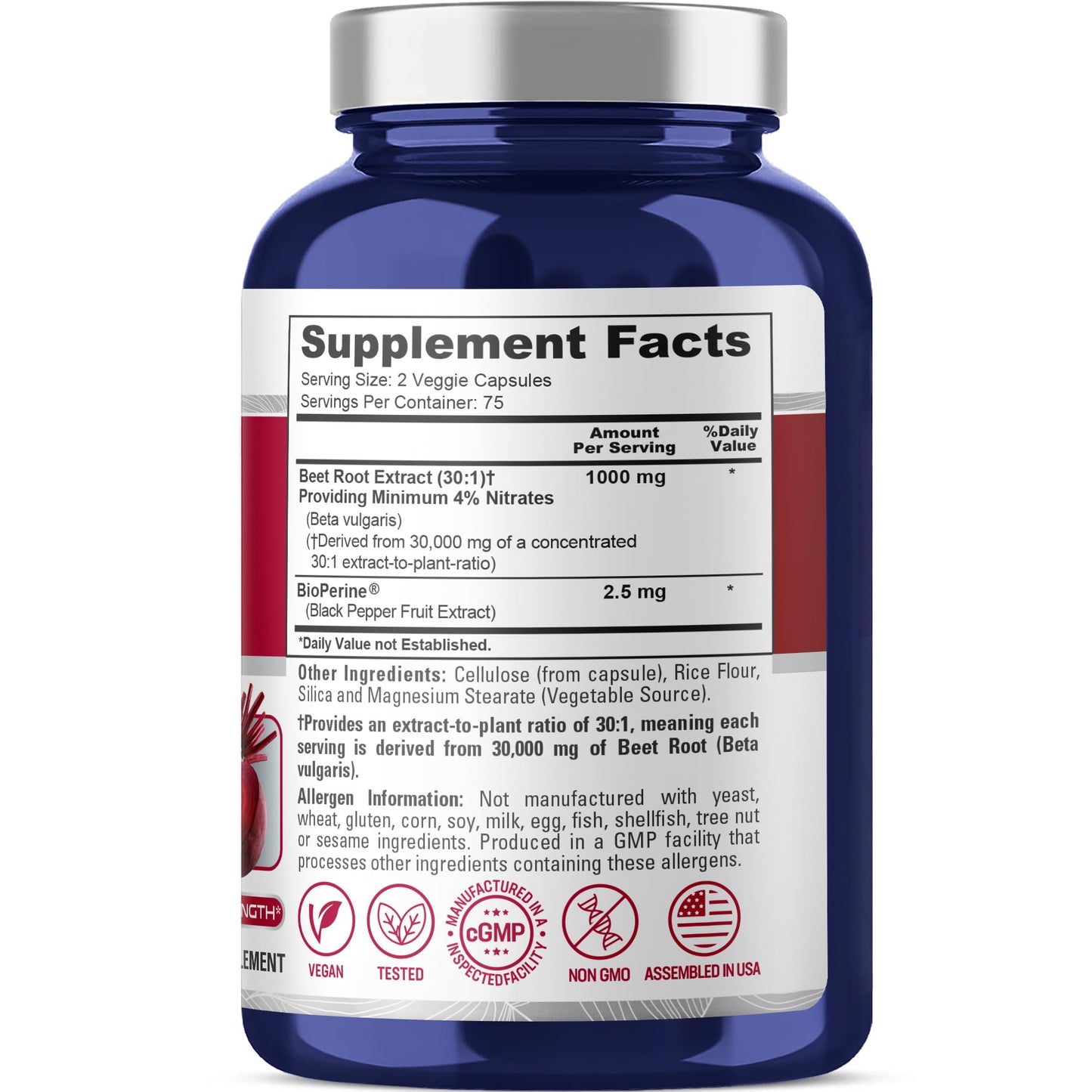 NusaPure Beet Root 30:1 Extract – 1000 mg per Serving, 150 Veggie Caps, Bioperine