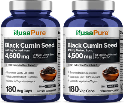 NusaPure Black Cumin Seed 10:1 Extract – 450 mg per Serving, 180 Veggie Caps (2-Pack)