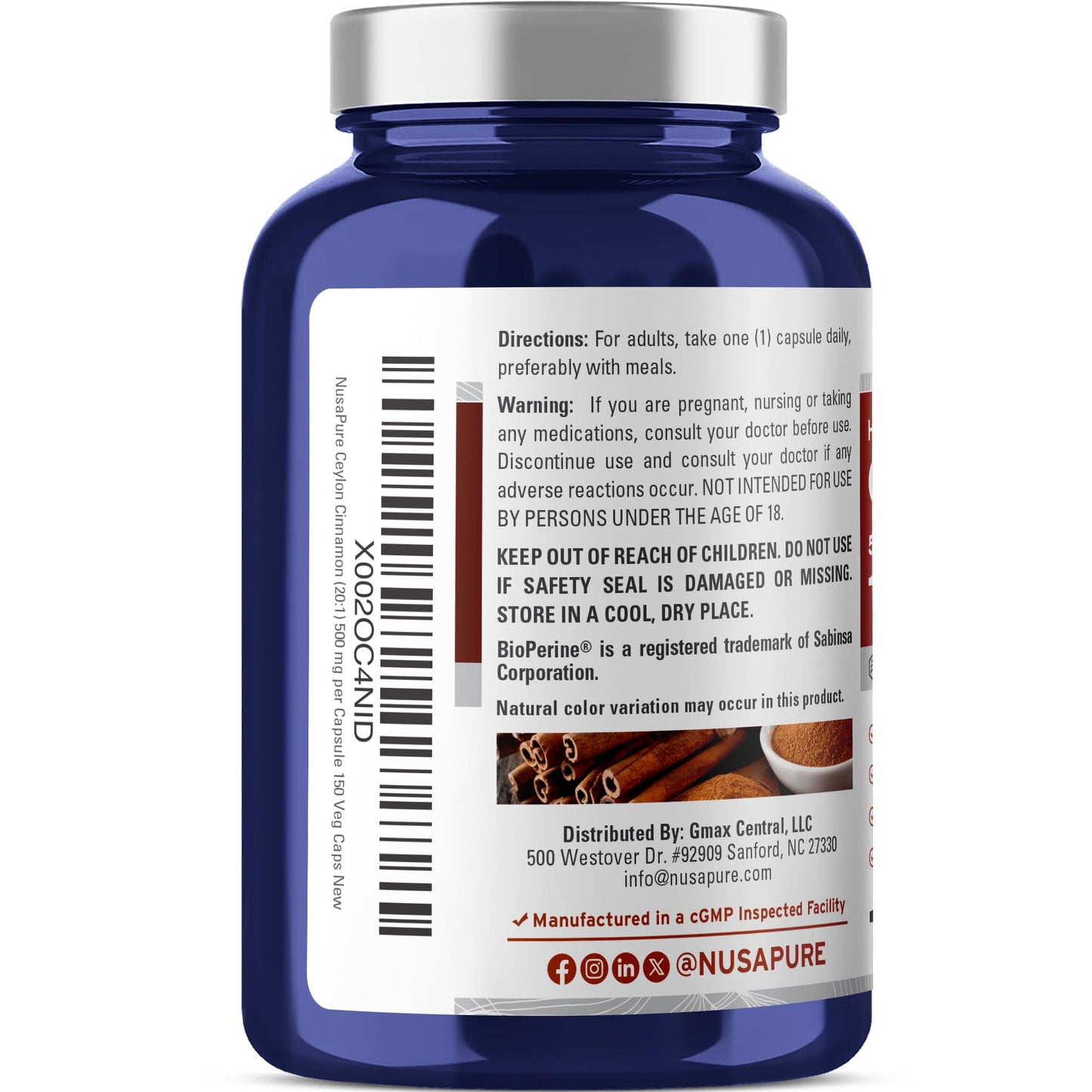 NusaPure Ceylon Cinnamon 20:1 Extract — 500 mg per Capsule | 150 Veggie Caps | Pack of 2