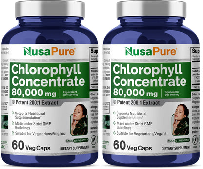NusaPure Chlorophyll 200:1 Extract – 60 Veggie Caps (2-Pack), 80,000 mg per Serving, Non-GMO, Vegan