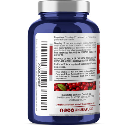 NusaPure Cranberry 60,000 mg – 180 Veg Caps | Bioperine, Non-GMO, Vegan