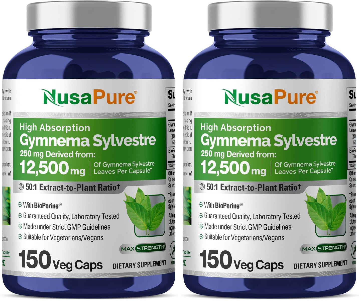 NusaPure Gymnema Sylvestre 50:1 Extract - 12,500 mg per Capsule, 150 Vegan Caps (Pack of 2) - Bioperine