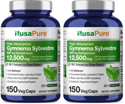 NusaPure Gymnema Sylvestre 50:1 Extract - 12,500 mg per Capsule, 150 Vegan Caps (Pack of 2) - Bioperine