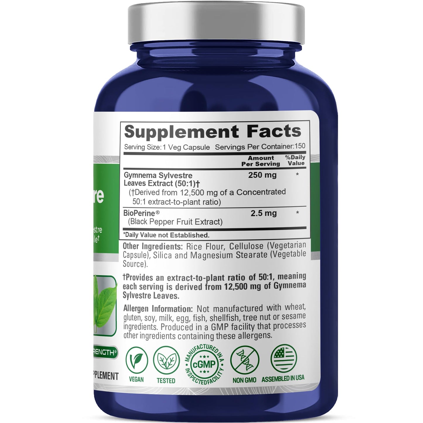 NusaPure Gymnema Sylvestre 50:1 Extract - 12,500 mg per Capsule, 150 Vegan Caps (Pack of 2) - Bioperine