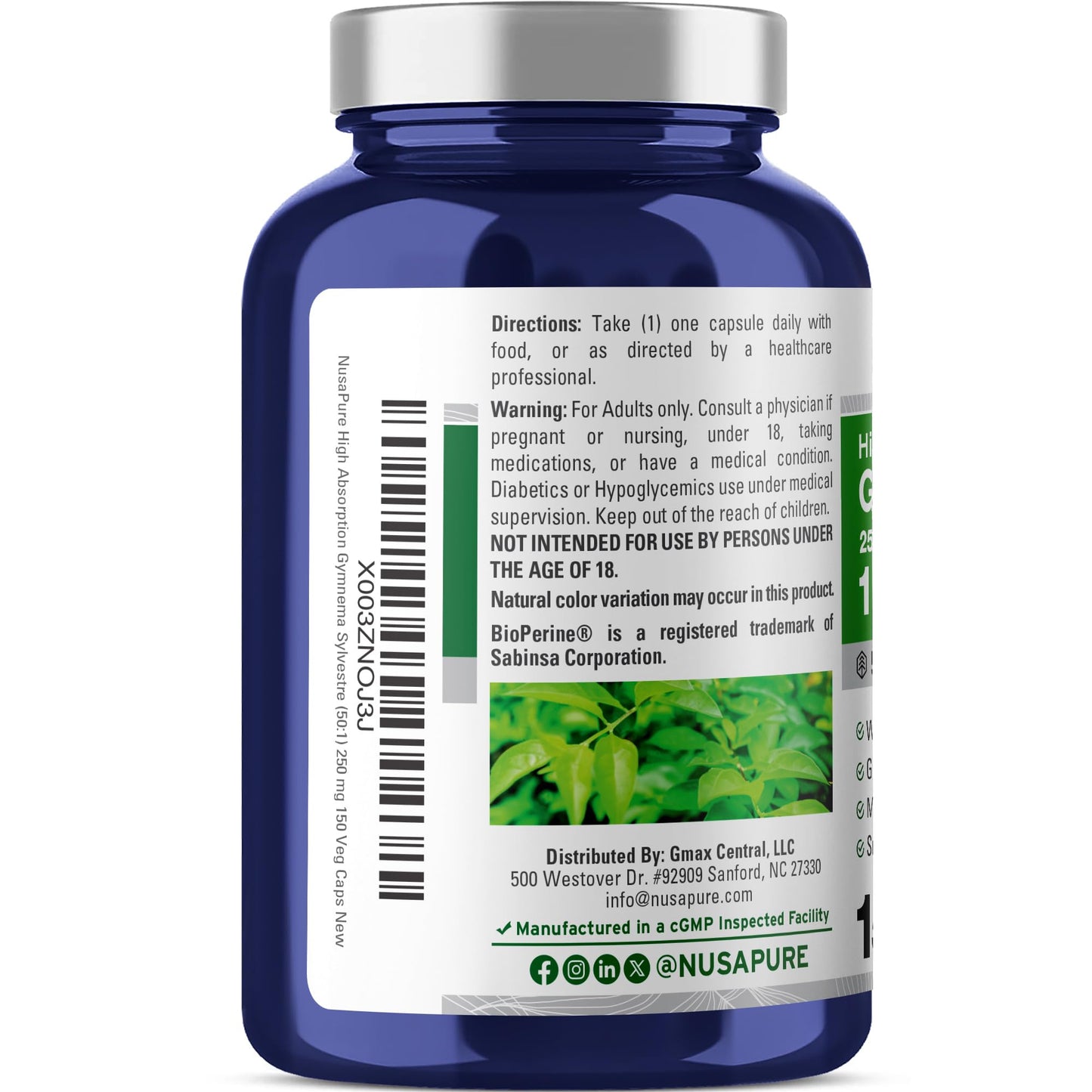 NusaPure Gymnema Sylvestre 50:1 Extract - 12,500 mg per Capsule, 150 Vegan Caps (Pack of 2) - Bioperine