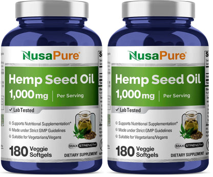 NusaPure Hemp Oil Capsules 1000mg per Serving – 180 Veggie Softgels, Non-GMO, Vegan (Pack of 2)