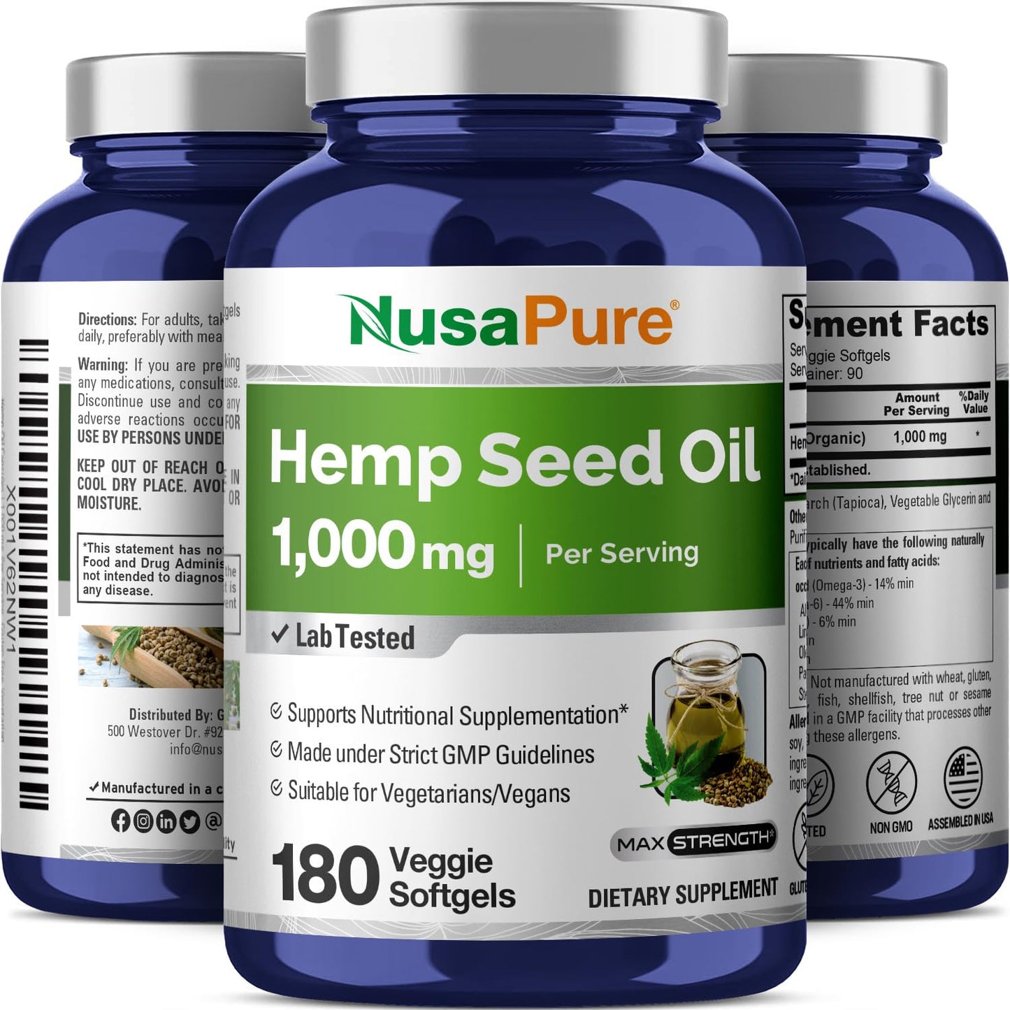 NusaPure Hemp Oil Capsules 1000mg per Serving – 180 Veggie Softgels, Non-GMO, Vegan (Pack of 2)
