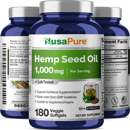 NusaPure Hemp Oil Capsules 1000mg per Serving – 180 Veggie Softgels, Non-GMO, Vegan (Pack of 2)