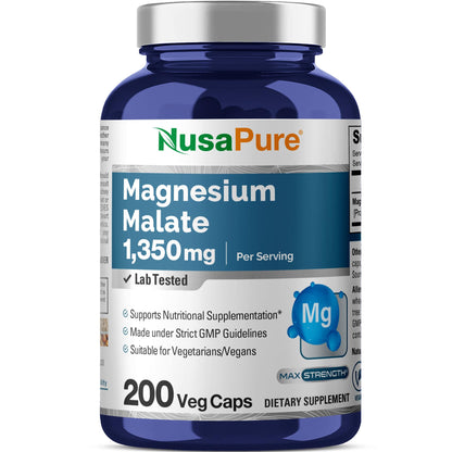 NusaPure Magnesium Malate 1350mg Veggie Capsules – 200 Count | Vegan, Non-GMO