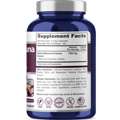 NusaPure Mucuna Pruriens 1000mg | 200 Veggie Caps – Non-GMO, Vegan