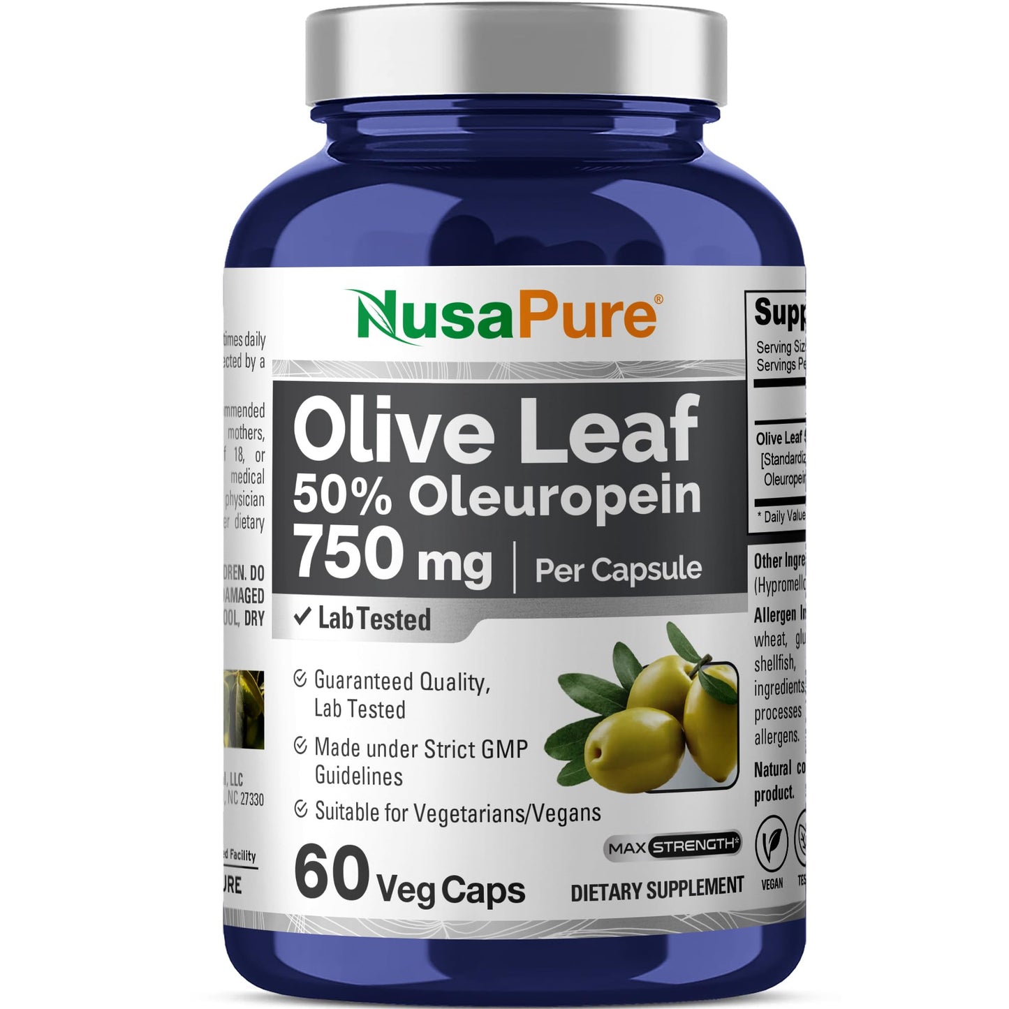 NusaPure Olive Leaf Extract 750 mg - 60 Vegan Capsules | 50% Oleuropein