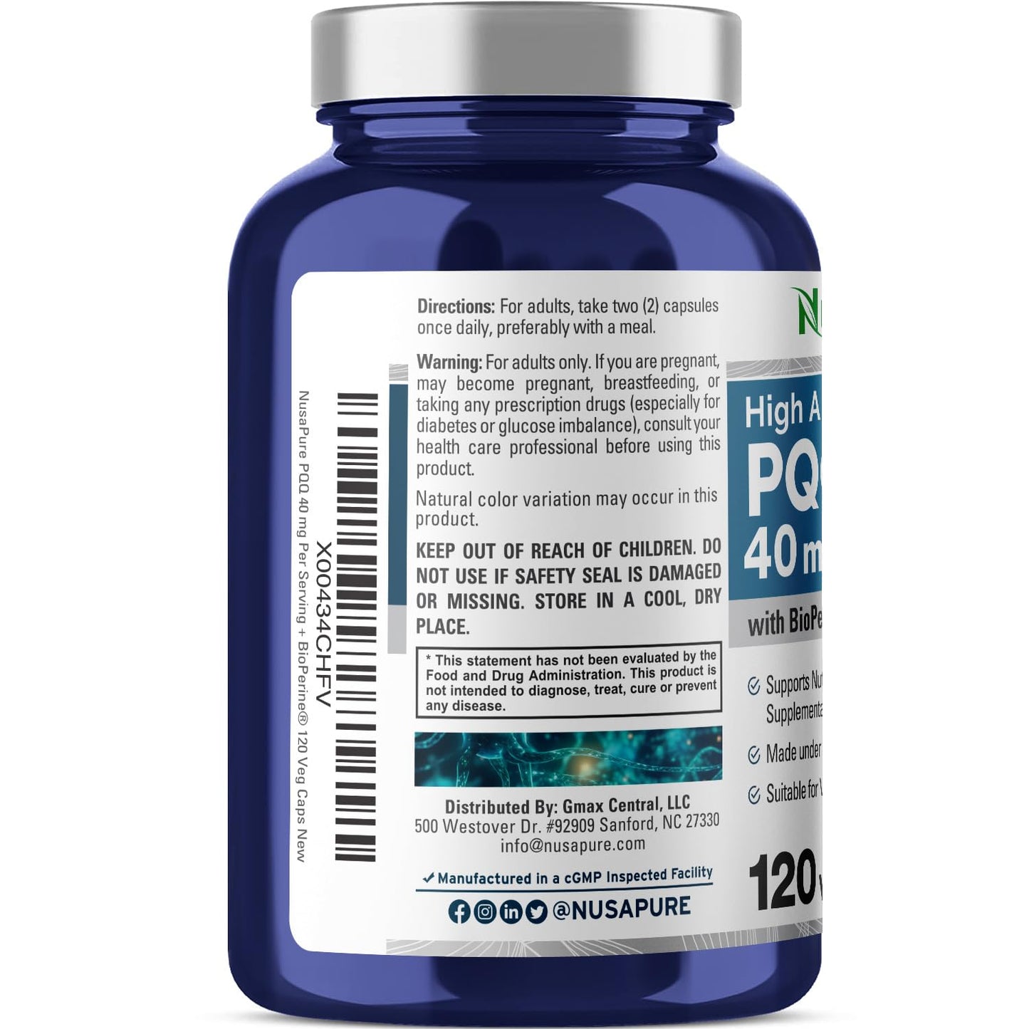 NusaPure PQQ Supplement 40 mg - 120 Veggie Capsules (Non-GMO, Bioperine) Pack of 2