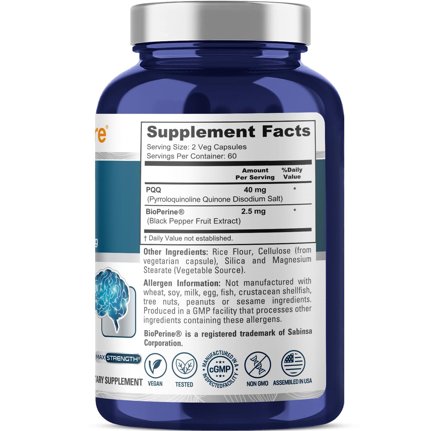 NusaPure PQQ Supplement 40 mg - 120 Veggie Capsules (Non-GMO, Bioperine) Pack of 2