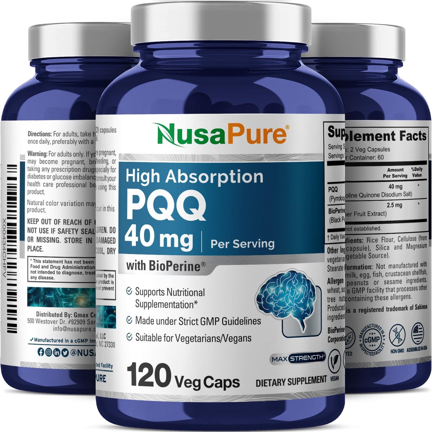 NusaPure PQQ Supplement 40 mg - 120 Veggie Capsules (Non-GMO, Bioperine) Pack of 2