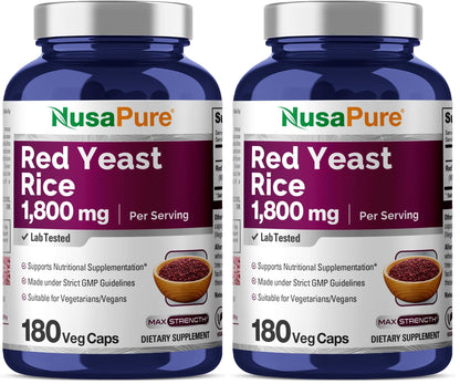 NusaPure Red Yeast Rice 1800mg – 180 Veggie Caps | Non-GMO, Vegan (Pack of 2)