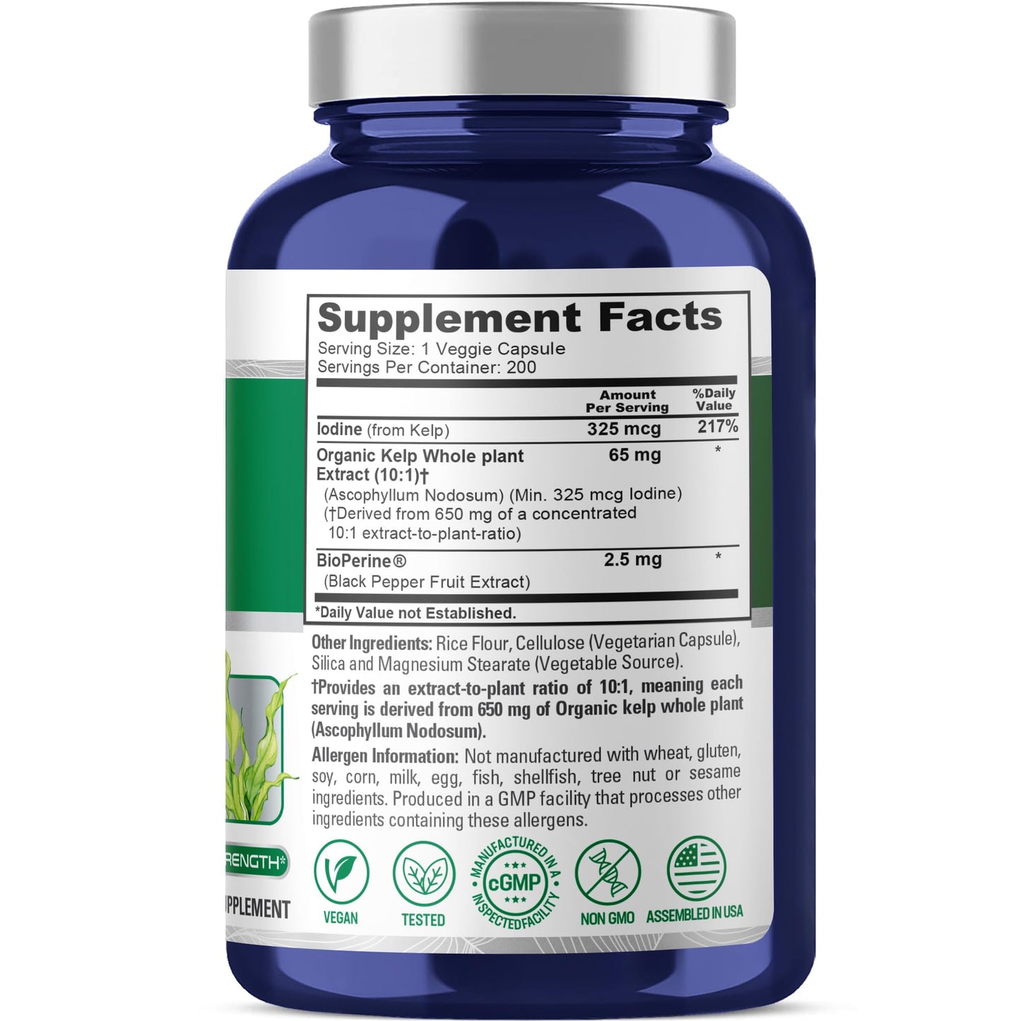NusaPure Sea Kelp Iodine 325mcg 10:1 Extract - 65 mg (650 mg) Capsule, 200 Count | Non-GMO, Vegan