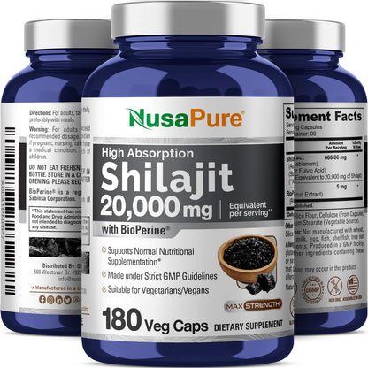 NusaPure Shilajit 20,000mg per Serving – 180 Veggie Caps – Pack of 2 | Non-GMO, Gluten Free, Bioperine