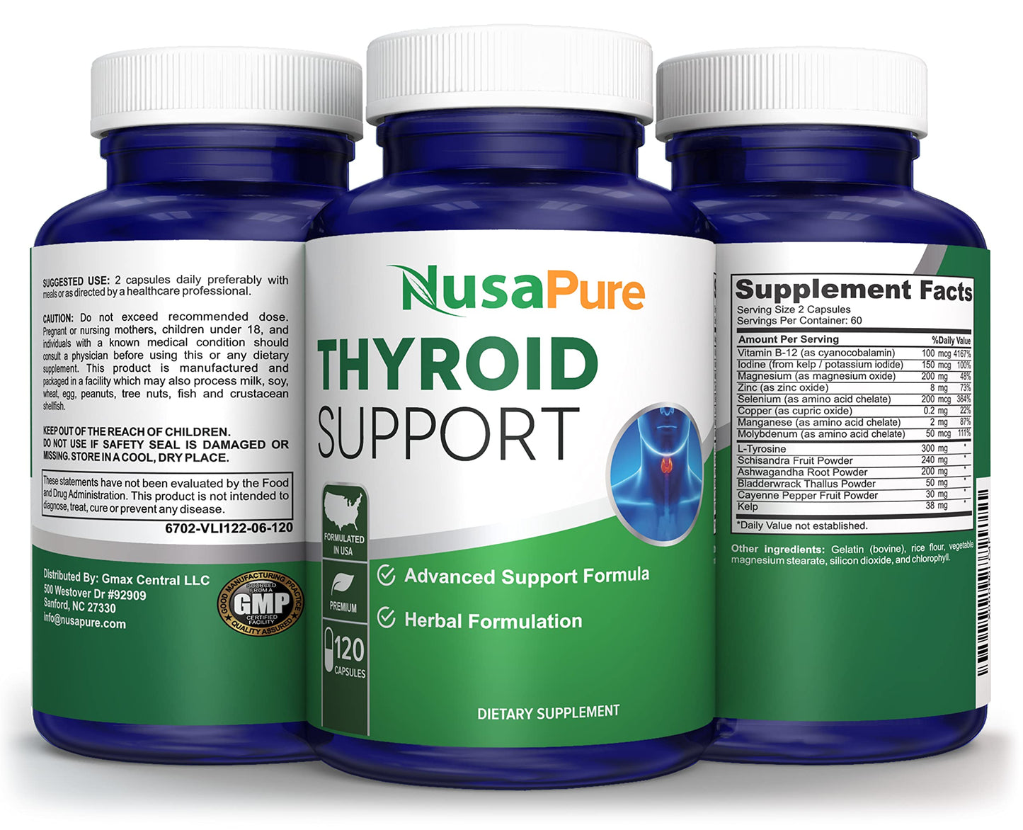 NusaPure Thyroid Support Supplement (Non-GMO) 120 Caps – Pack of 2