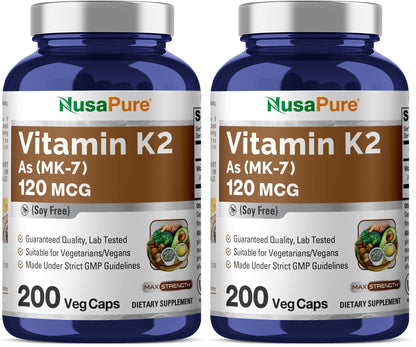 NusaPure Vitamin K2 MK-7 120 mcg – 200 Veggie Caps (Soy Free, Non-GMO, Vegan) Pack of 2
