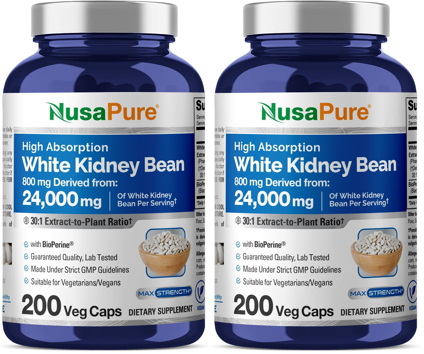 NusaPure White Kidney Beans 30:1 Extract – 24,000 mg Equivalent, 200 Vegan Capsules (Pack of 2)