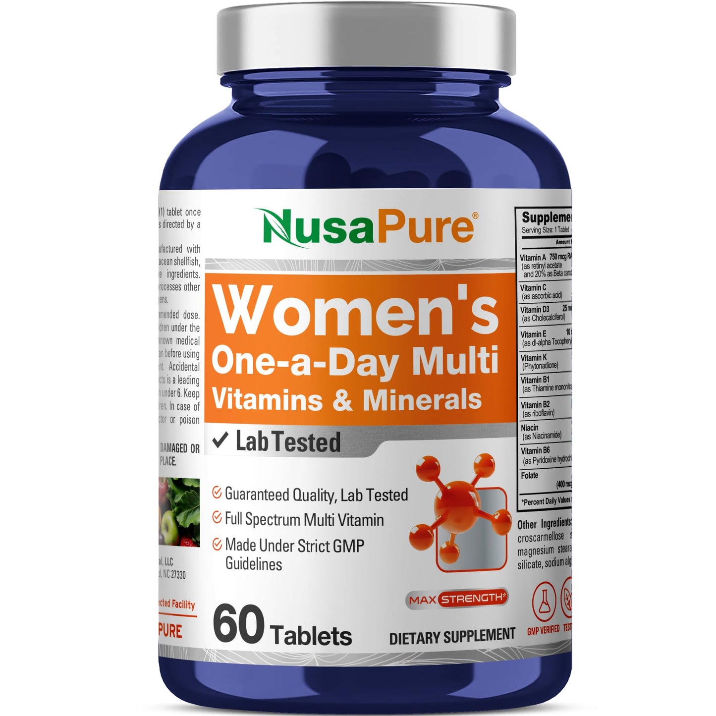 NusaPure Women's One-a-Day Multi Vitamins & Minerals – 60 Tablets, Lab-Tested, Non-GMO