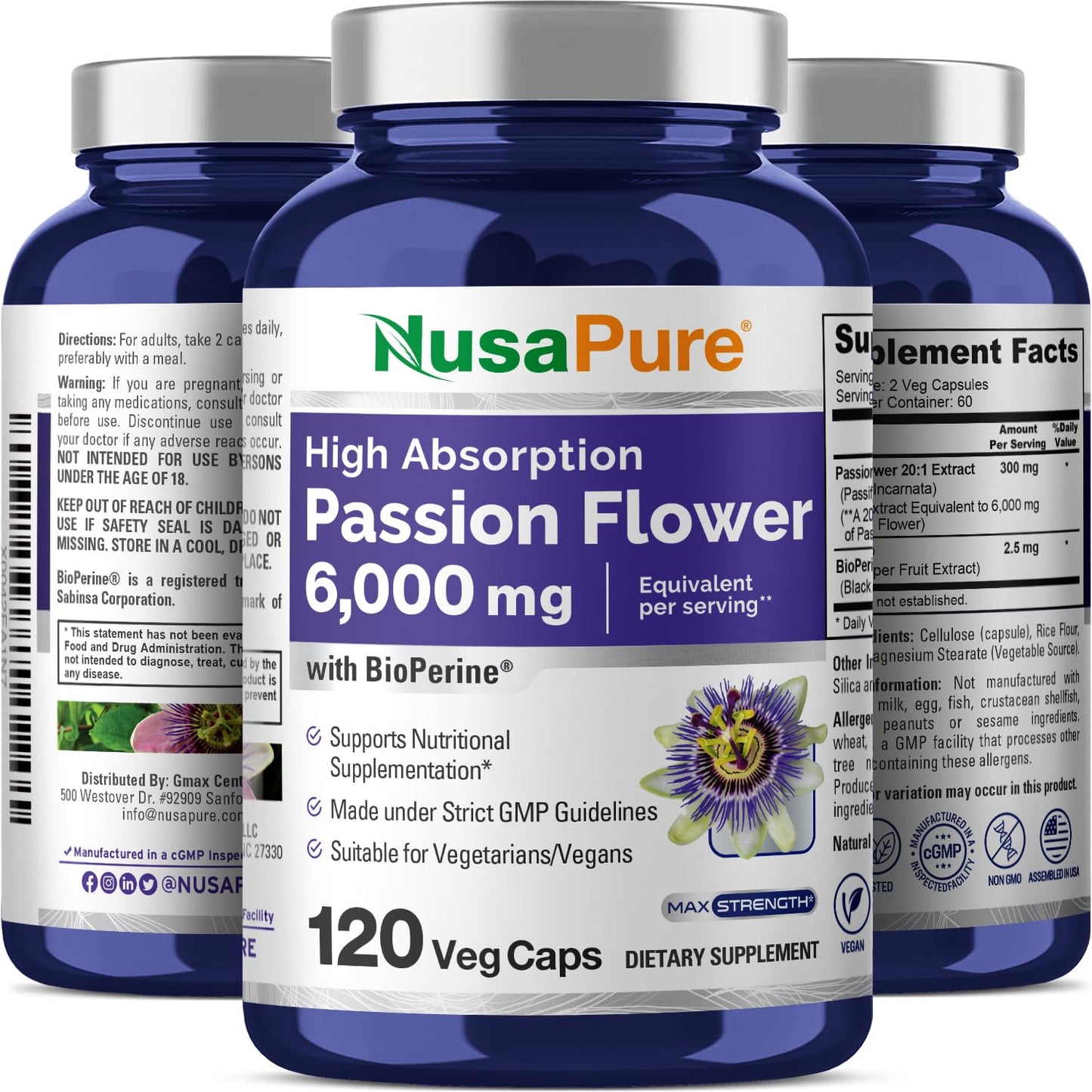 NusaPure Passion Flower 20:1 Extract – 120 Veggie Caps, Non-GMO, Bioperine (Pack of 2)