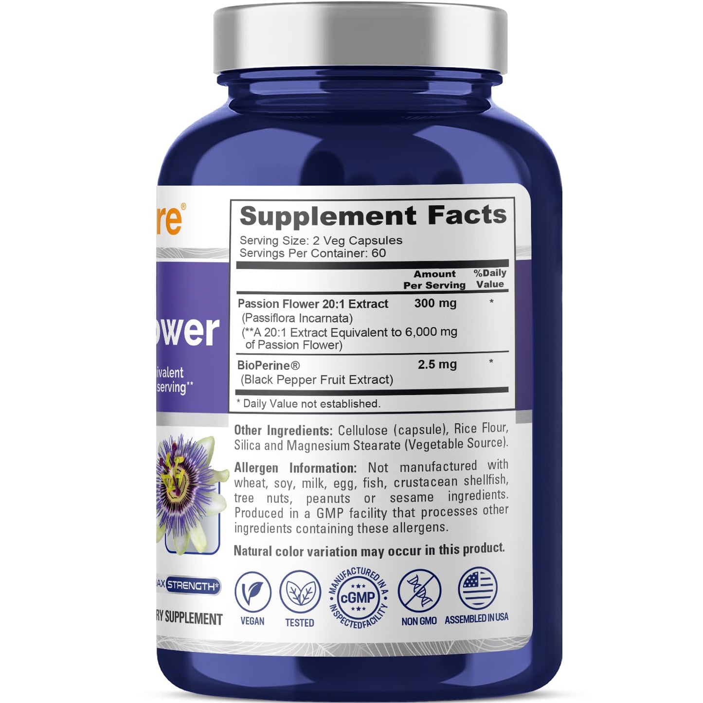 NusaPure Passion Flower 20:1 Extract – 120 Veggie Caps, Non-GMO, Bioperine (Pack of 2)