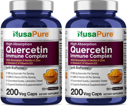 NusaPure Quercetin Complex with Bromelain, C & D3, Nettle & Zinc | 200 Veggie Caps (Pack of 2)