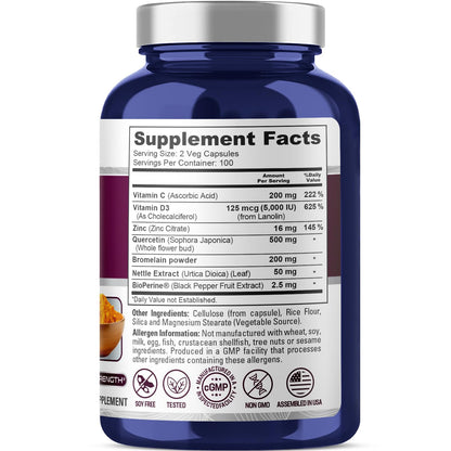 NusaPure Quercetin Complex with Bromelain, C & D3, Nettle & Zinc | 200 Veggie Caps (Pack of 2)