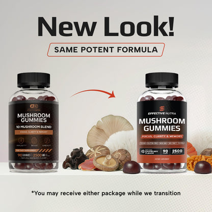 Effective Nutra Mushroom Gummies 2500mg - 10-in-1 Lion’s Mane, Reishi, Chaga, Cordyceps & More - Focus, Clarity, Memory - Raspberry Flavor, Vegan, Made in USA (2-Pack)