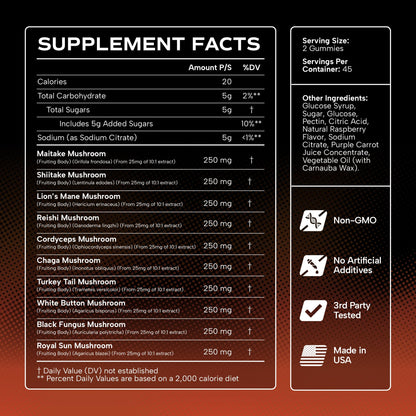 Effective Nutra Mushroom Gummies 2500mg - 10-in-1 Lion’s Mane, Reishi, Chaga, Cordyceps & More - Focus, Clarity, Memory - Raspberry Flavor, Vegan, Made in USA (2-Pack)